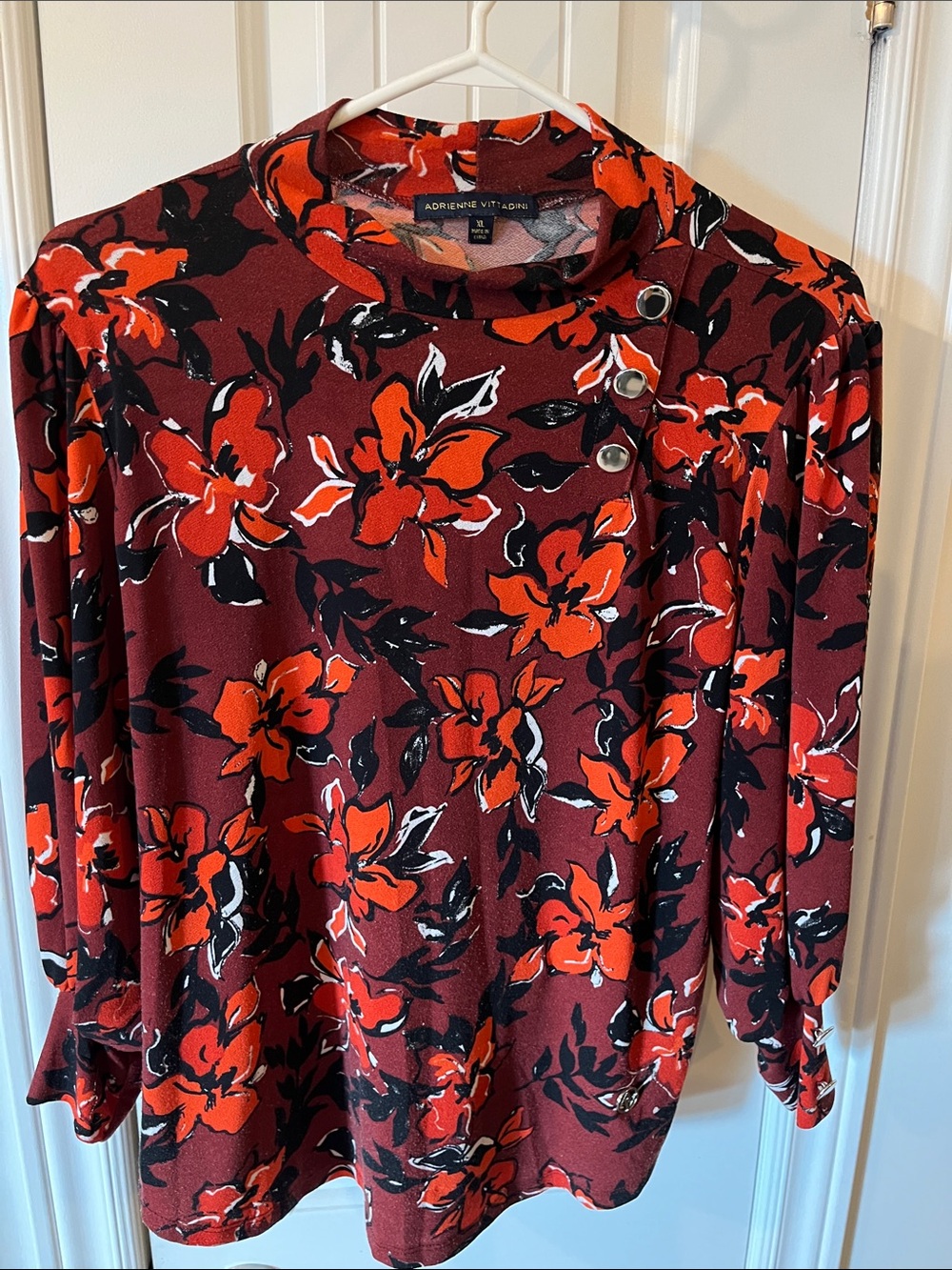 Adrienne Vittadini Burgundy and Red Floral Long-Sleeve Top